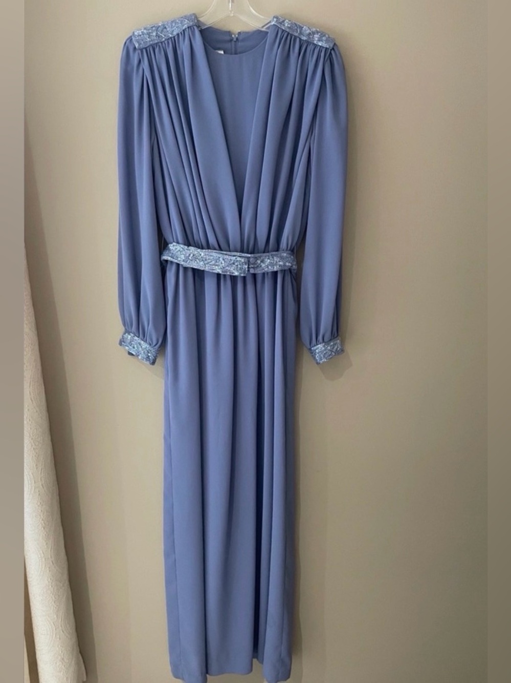 Vintage Jack Bryan 70s Periwinkle Blue Beaded Chiffon Maxi Grecian Gown 10